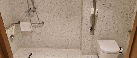 Ein kleines, kompaktes Badezimmer mit Dusche, Toilette und Handtuchhalter.