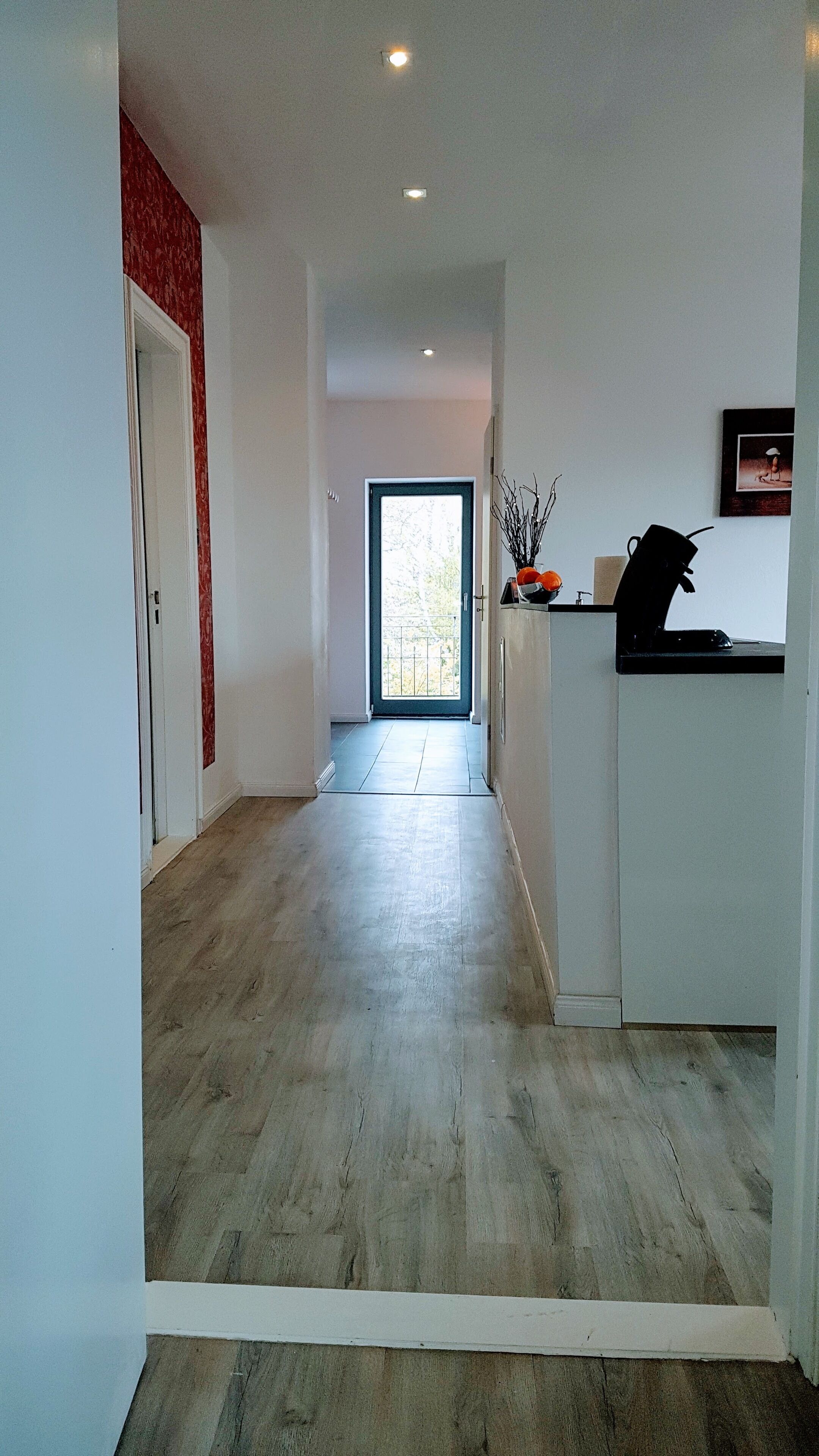 A hallway with a wooden floor leading to a door with a glass panel.