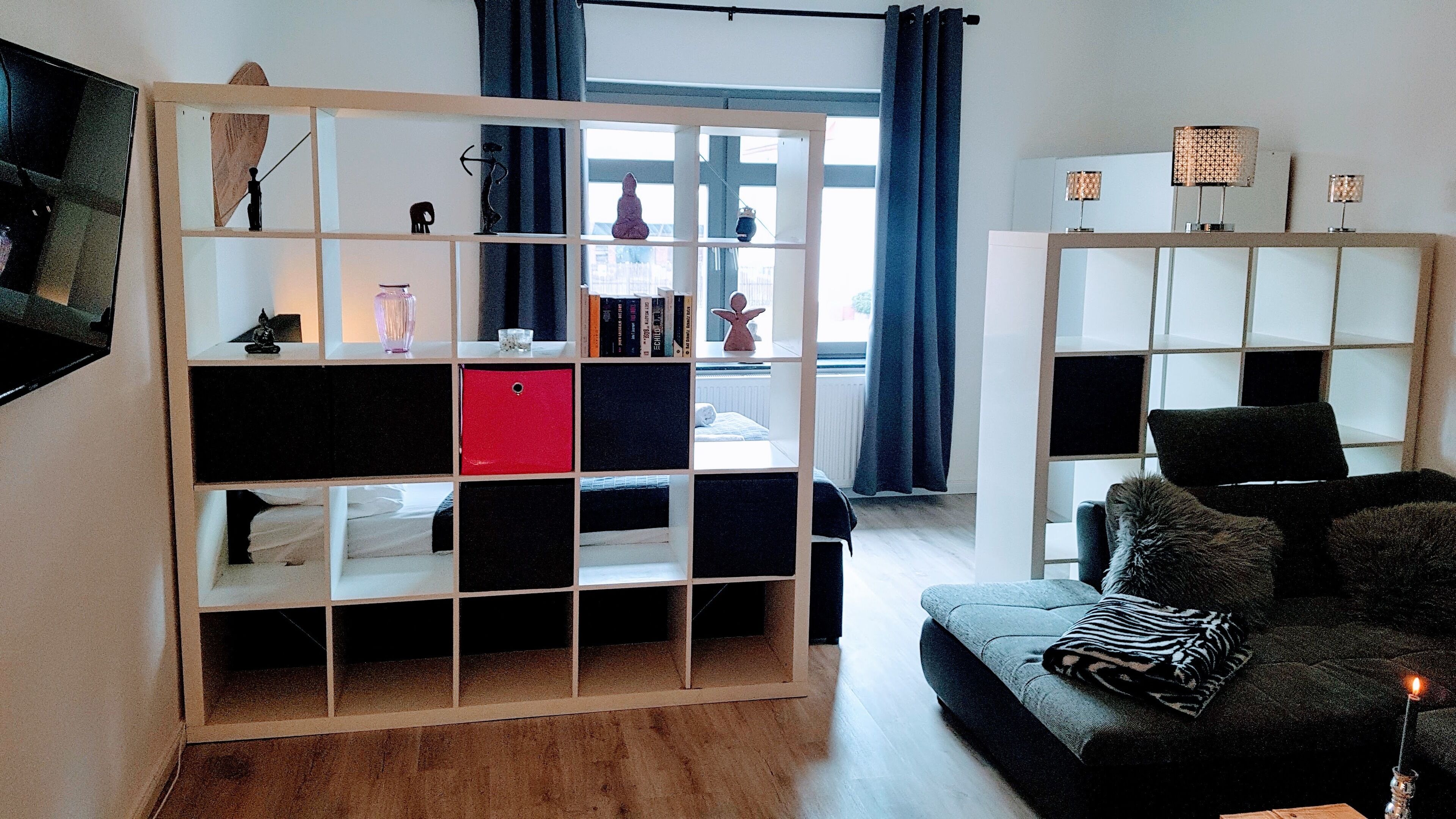 A modern living room with a sofa, a bookshelf, and a TV.
