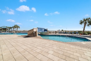Relax by the pool surrounded by palm trees and lounge chairs.