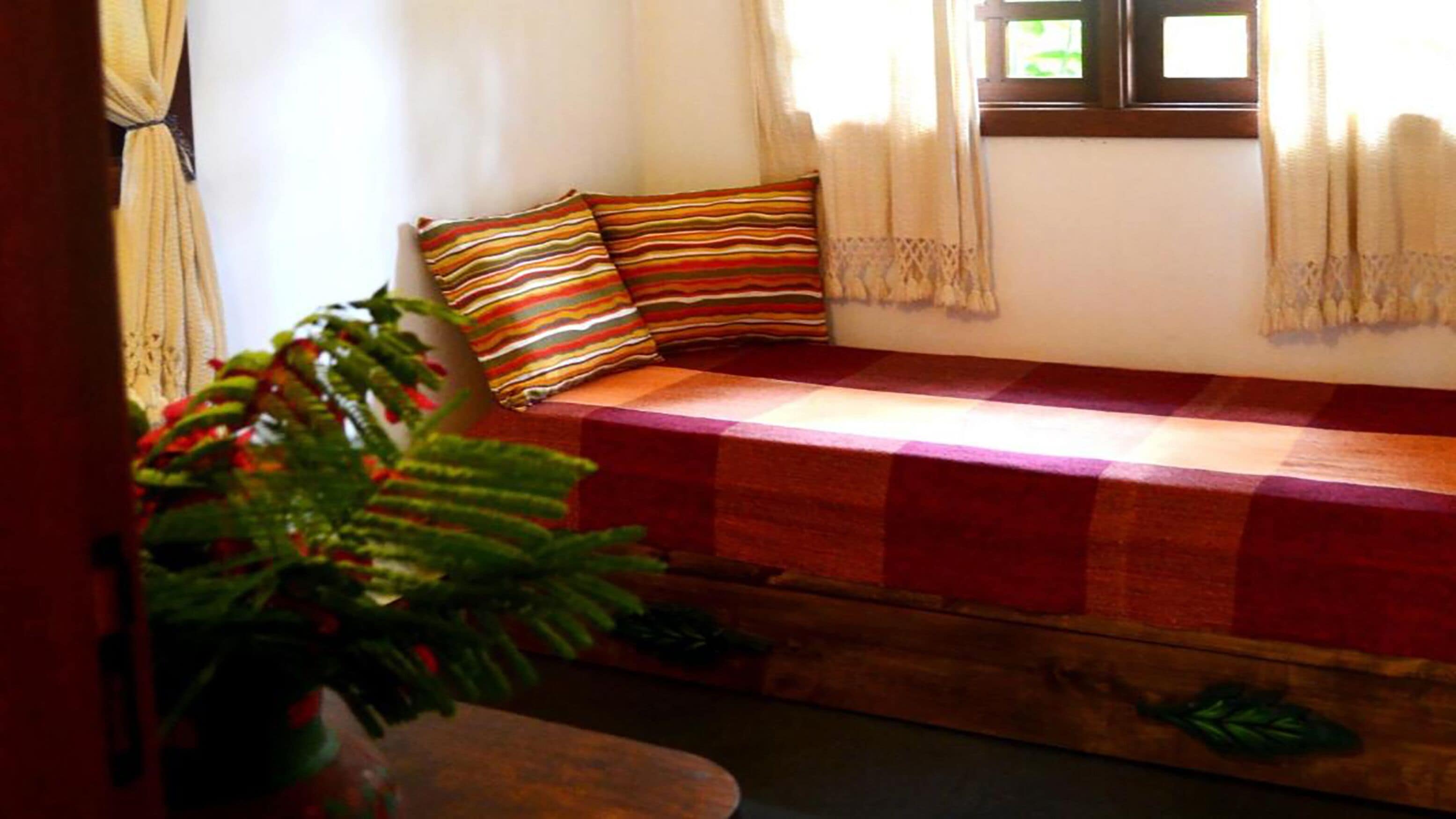 A cozy seating area with a cushioned bench, a striped pillow, and a potted plant.