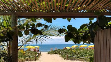 Private beach, white sand, free beach cabanas, sun-loungers