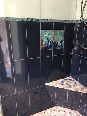 Shower, hair dryer, towels, soap