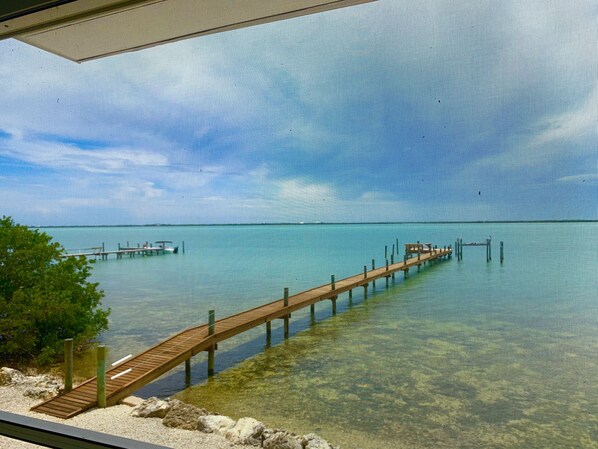 A wooden pier extending into clear turquoise water, surrounded by a natural landscape with trees and a clear sky.