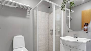 Un baño moderno con ducha envuelta en vidrio, un inodoro blanco y un lavabo con espejo.