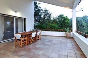 Une terrasse couverte avec une table et des chaises en bois, une plante en pot et une vue sur la verdure.