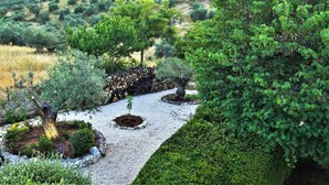 Un jardín ajardinado con un sendero de grava, arbustos variados y un muro de piedra.