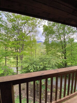 A wooden deck with a view of a forested area and a road. - Bearadise Mtn Cabin~Hot Tub+Fire Pit, Grill & WiFi (Burnsville)