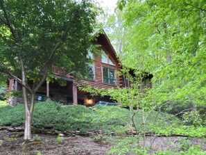 A log cabin with a deck, surrounded by dense greenery. - Bearadise Mtn Cabin~Hot Tub+Fire Pit, Grill & WiFi (Burnsville)