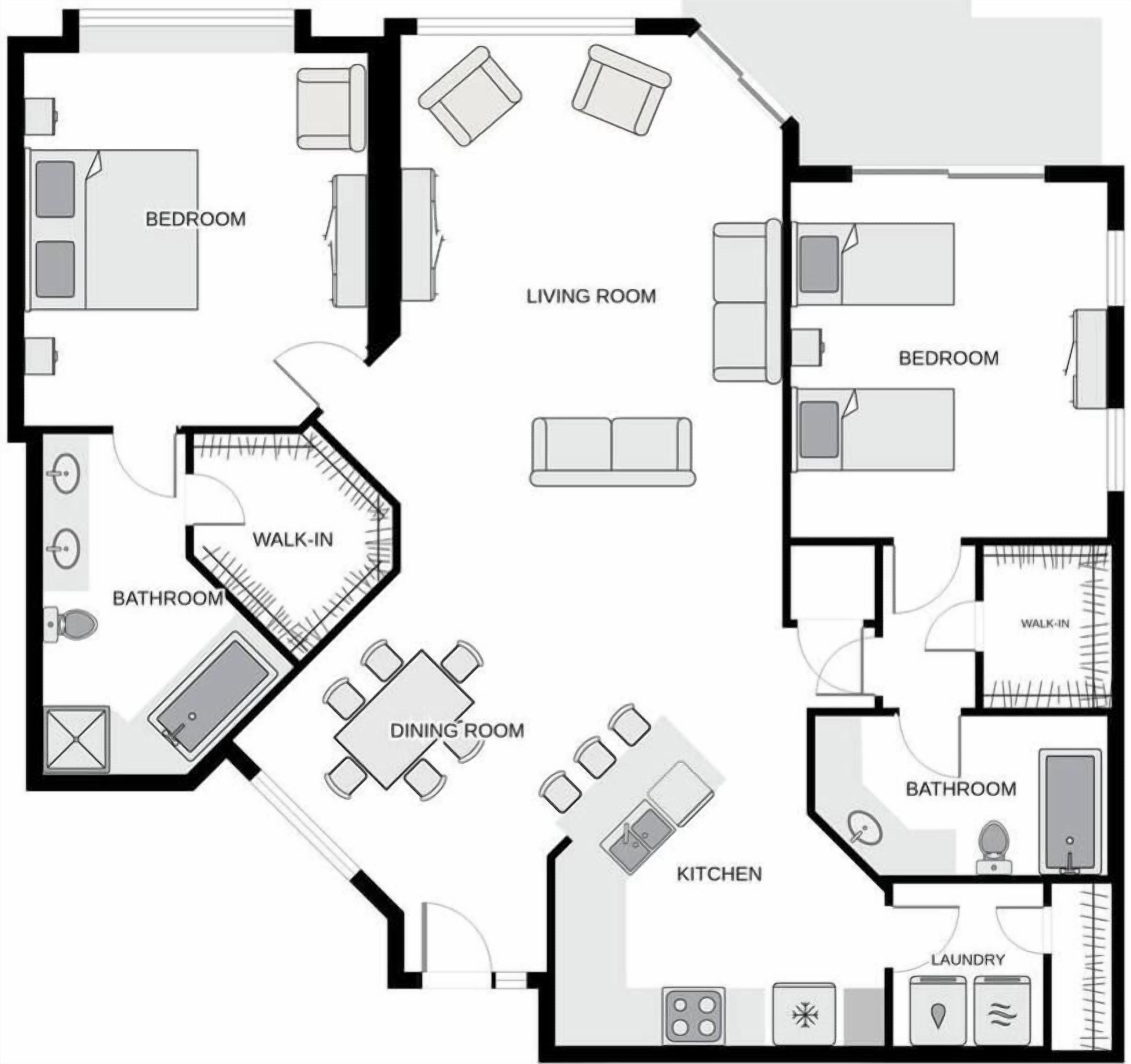 A floor plan with a living room, two bedrooms, a dining room, a kitchen, a walk-in closet, and a bathroom.