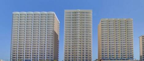 On the beach, sun-loungers, beach towels