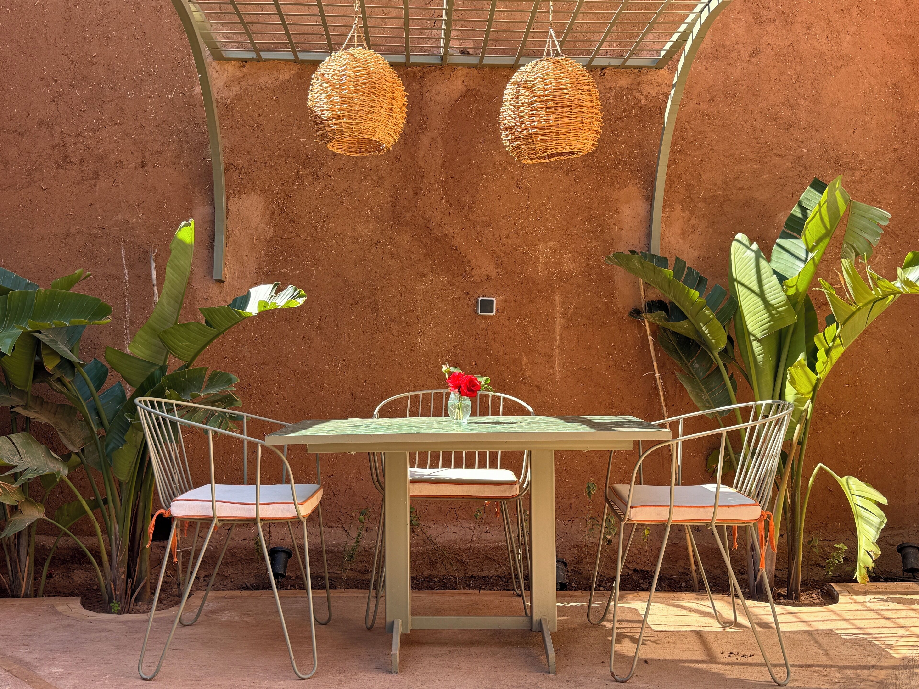 Een tafel met vier stoelen, een hangmand en grote groene planten.