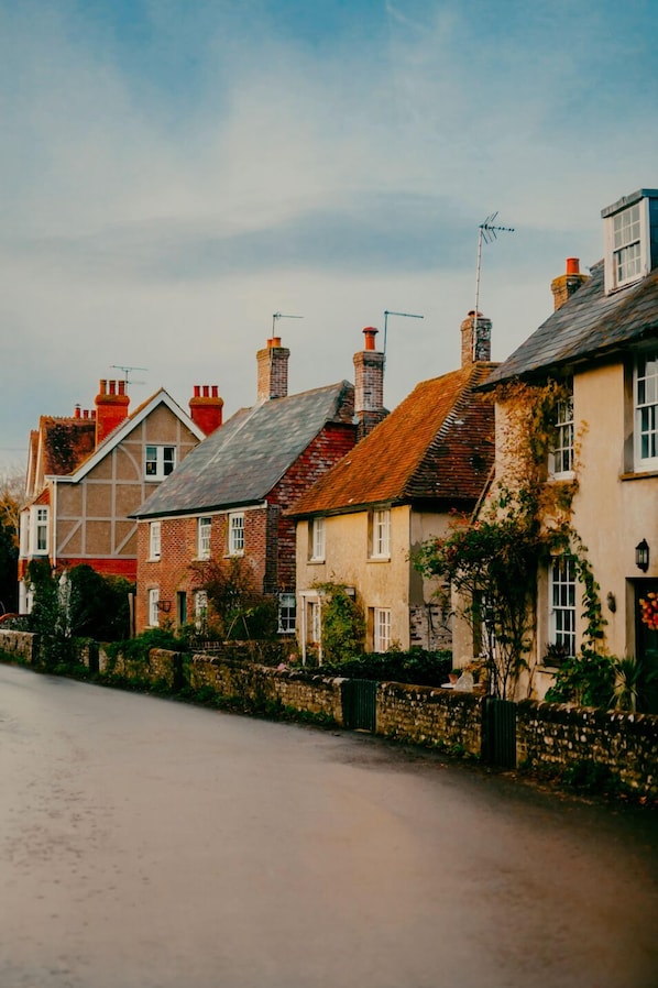A row of traditional houses with distinct architectural styles, including a Tudor-style house with a half-timbered facade and a Victorian-style house with a red brick exterior. - The Ram Inn (Lewes)