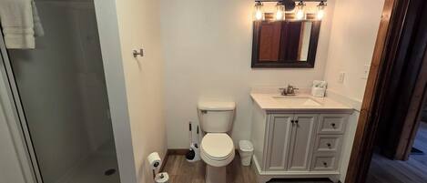 A bathroom with a toilet, sink, vanity, and a glass shower enclosure.