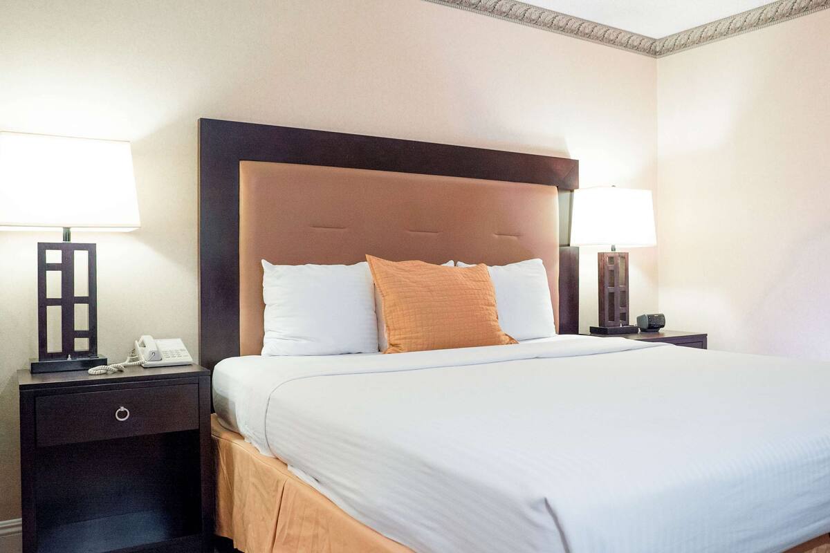Una habitación de hotel con una cama grande, dos mesitas de noche, una lámpara y un teléfono.