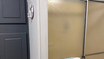 Combined shower/tub, hair dryer, towels, toilet paper