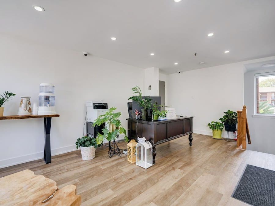 Un espacio habitable amplio con piso de madera, un mueble oscuro y varias plantas en macetas.