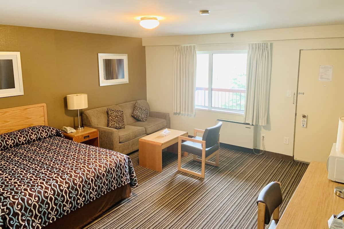 A hotel room with a bed, a sofa, a desk, and a chair.