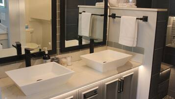 Hair dryer, towels, soap, shampoo