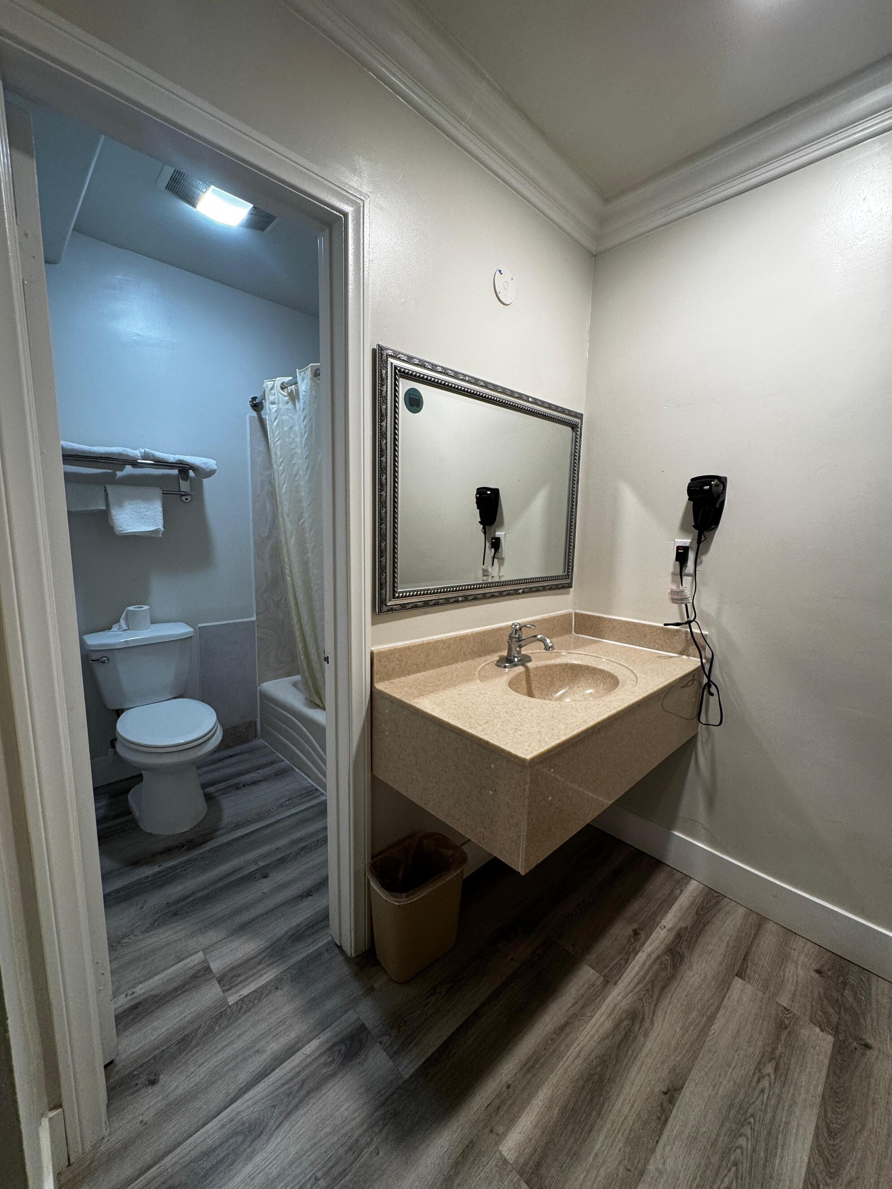 Une salle de bain avec un plancher en bois, un lavabo avec un miroir, des toilettes et un rideau de douche.