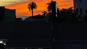 A sunset with a clear sky, palm trees, and buildings in the foreground. - Friendship Motor Inn (Los Angeles)