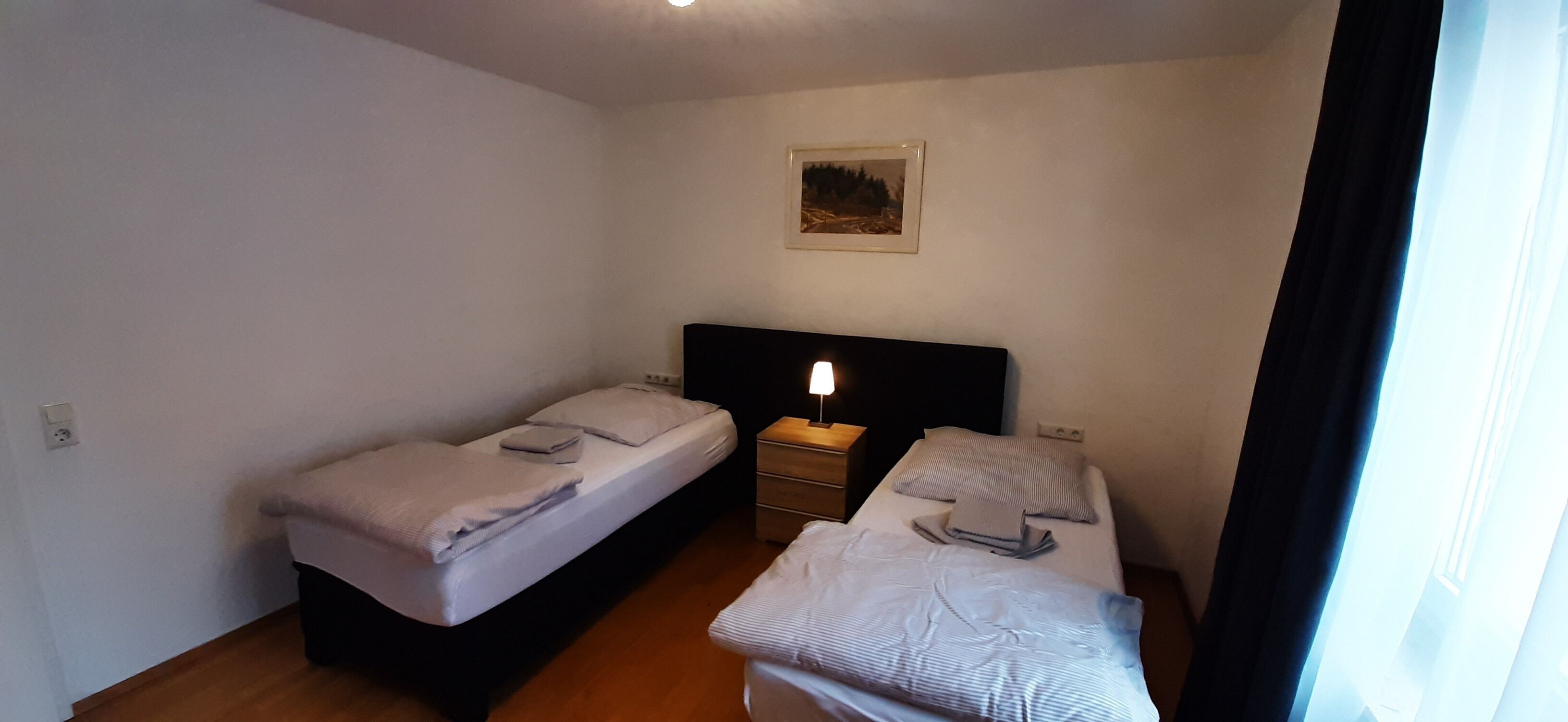 Una stanza piccola e pulita con due letti singoli, un comodino con lampada, una presa di corrente e un quadro appeso al muro.