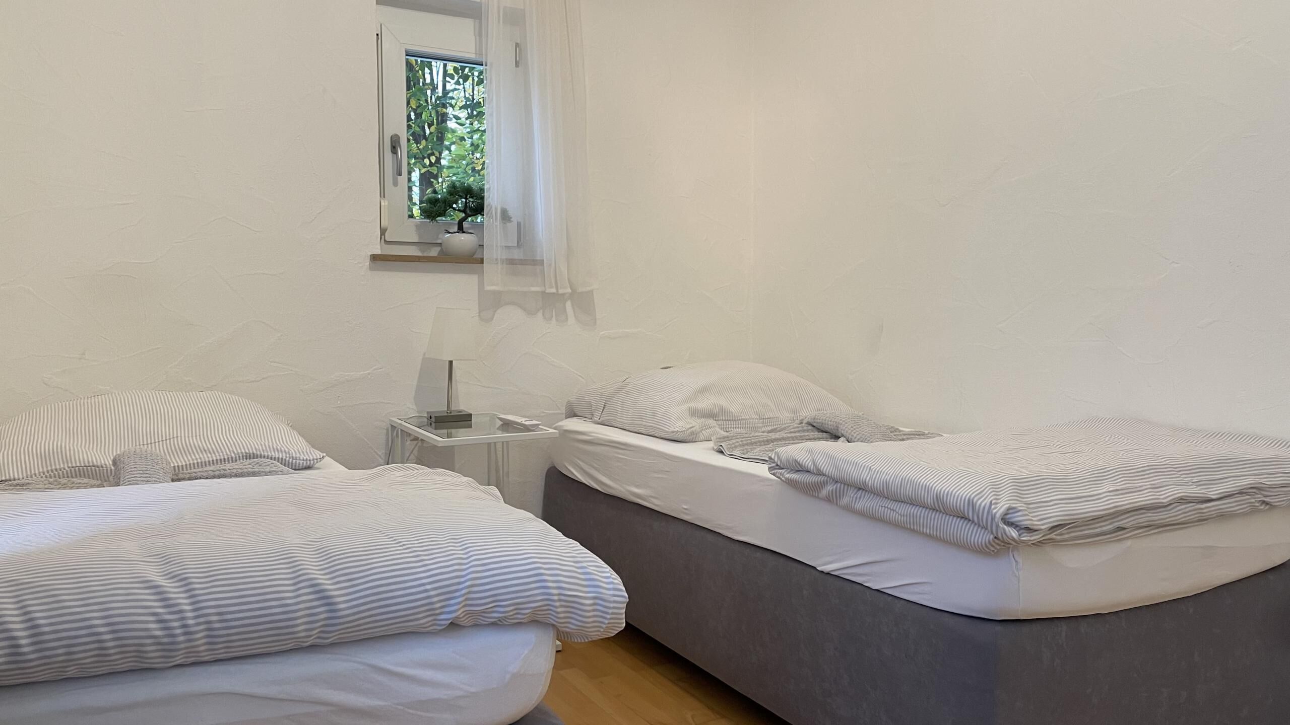 A bedroom with two single beds, a bedside table with a lamp, a small window with a view of greenery, and a white wall.