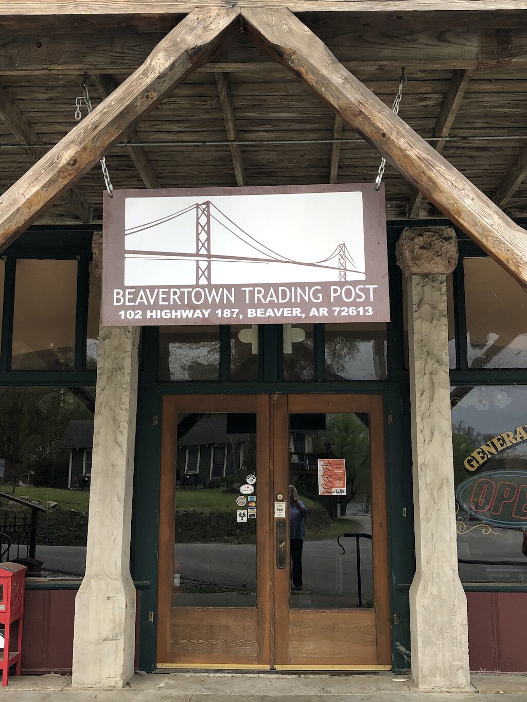The entrance to Beaver Town Trading Post with a signboard above the door.