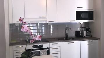 City Condo | Private kitchen | Full-size fridge, microwave, oven, stovetop