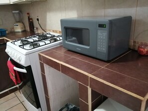 Fridge, microwave, oven, coffee/tea maker