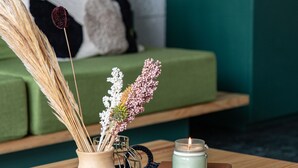 Ein gemütliches Wohnzimmer mit einem grünen Sofa, einem kleinen Tisch mit Kerze, Buch und Zimmerpflanzen.