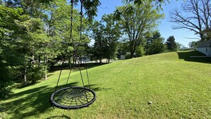 A grassy outdoor area with a hanging swing chair.