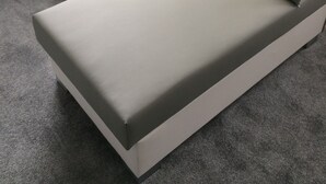Une pièce moderne et minimaliste, avec un canapé gris et deux coussins assortis. On peut voir un seau blanc et un extincteur rouge accrochés au mur.