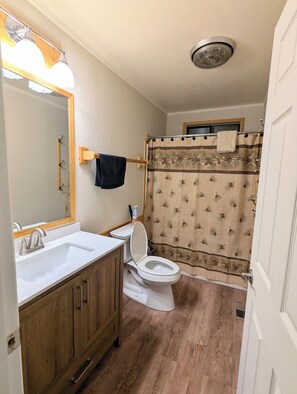 Tina con regadera, secadora de cabello, toallas, jabón 