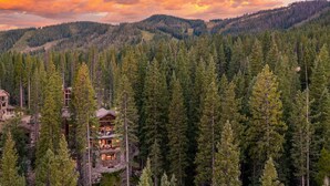 A lodge surrounded by dense forest with a view of distant hills.