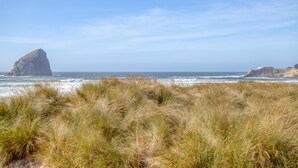 Un paisaje costero con dunas cubiertas de hierba y afloramientos rocosos.