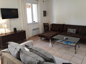 Télévision, cheminée, lecteur de DVD, livres