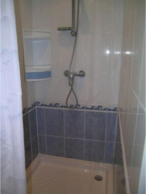 shower stall with showerhead, sink, and amenities.