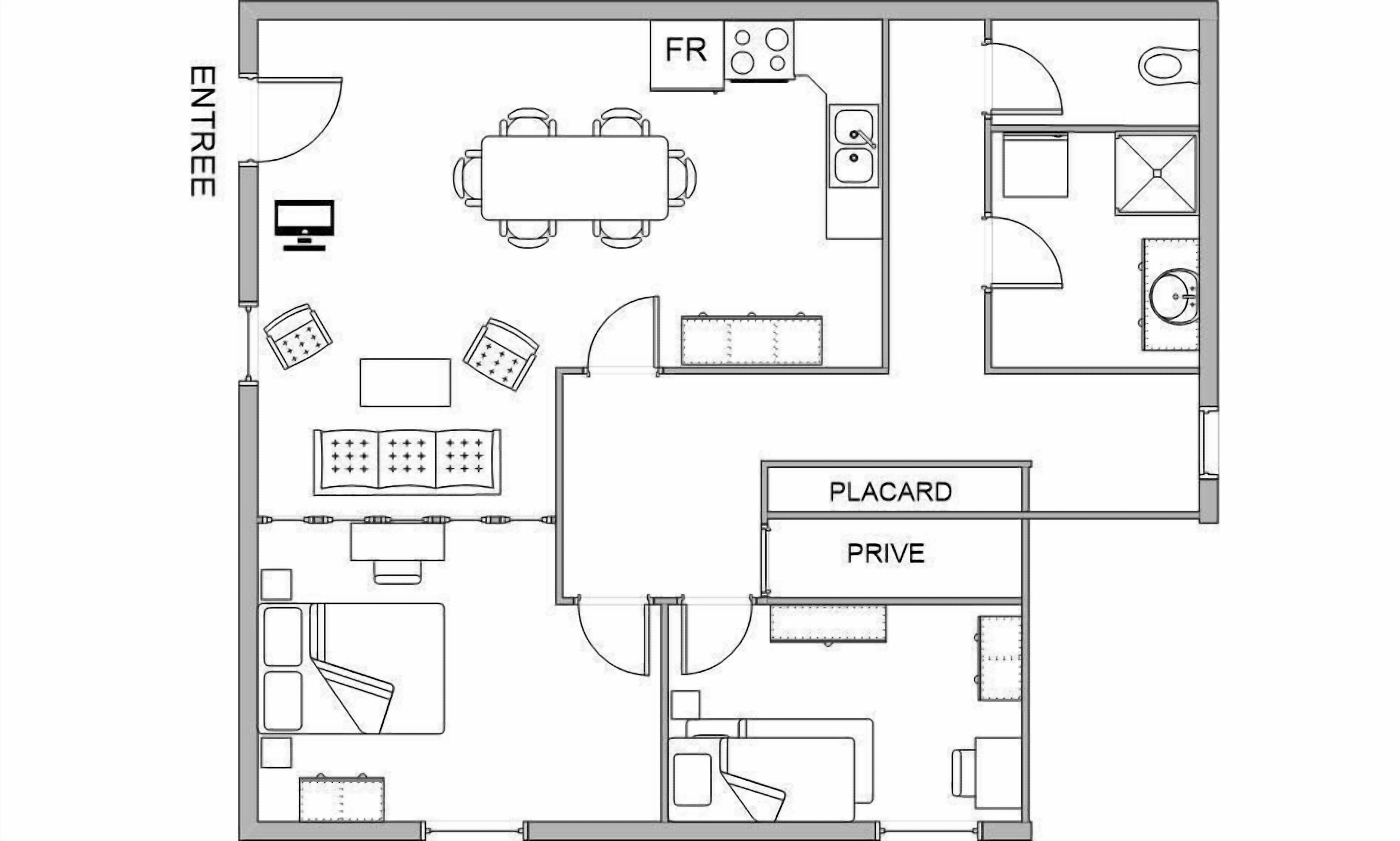 Distribución de un hotel que incluye entrada, comedor, kitchenette, baño y habitación privada.
