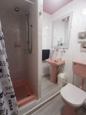 A bathroom with a shower, sink, toilet, and a mirror.