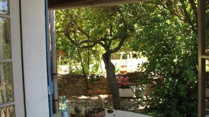 An outdoor patio with a table, chairs, and a potted plant. - Les Volets Bleus - LA Garde Freinet (LA GARDE FREINET)
