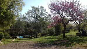 Un parc amb un camí de grava, arbres i un petit estany.