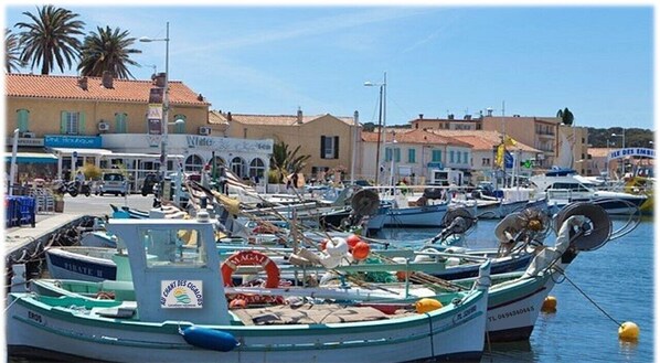 Un puerto deportivo con barcos amarrados, un paseo marítimo y edificios con carteles.