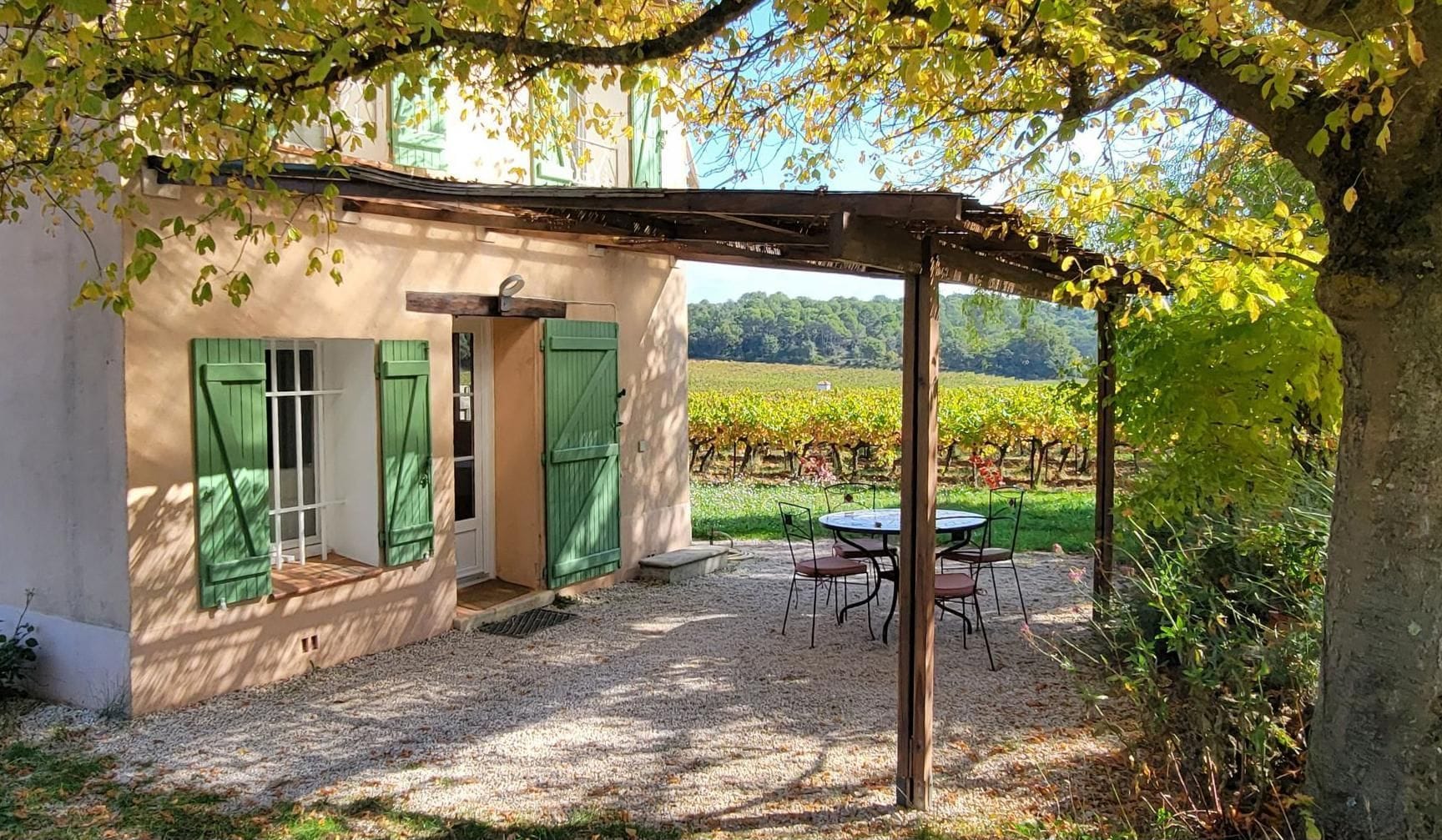 A covered outdoor seating area with a table and chairs, a building with green shutters, and a vineyard in the background.