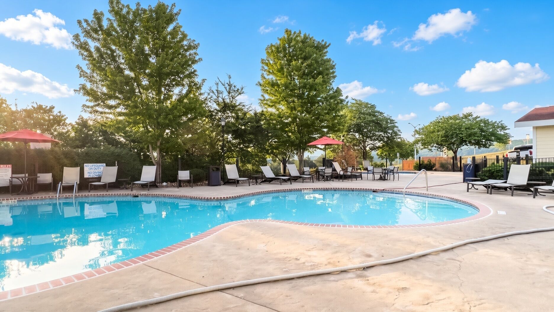 A swimming pool with lounge chairs and umbrellas, surrounded by trees.