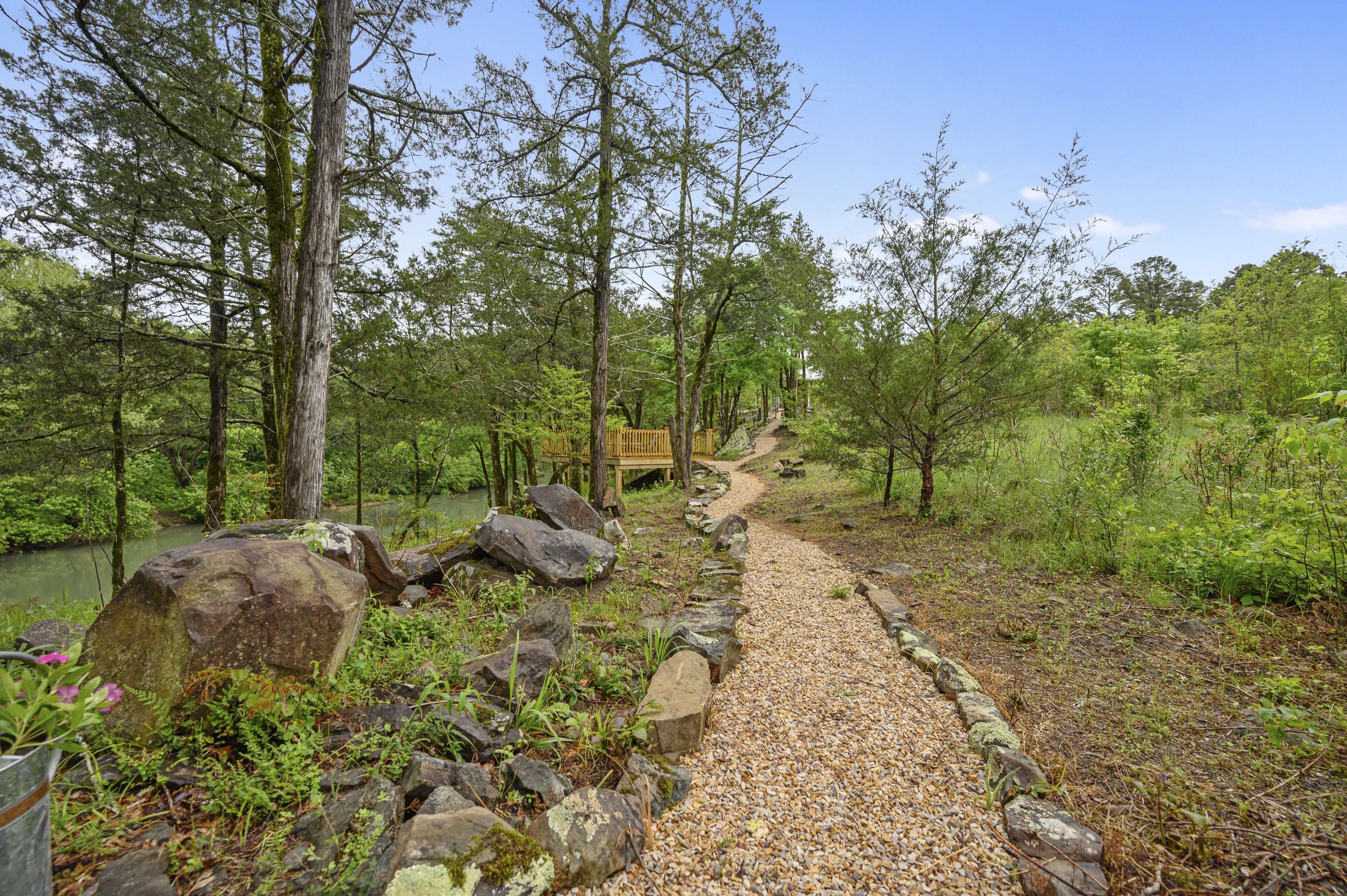 A forested area with a gravel path leading to a wooden bench by a body of water.