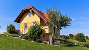 A two-story house with a red roof, a small porch, and a tree in the front yard. - Studio with Terrace – Nature Stay near Terme Čatež (Ribnica)