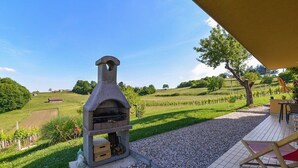 A stone-built outdoor oven with a view of a vineyard and rolling hills in the background. - Studio with Terrace – Nature Stay near Terme Čatež (Ribnica)