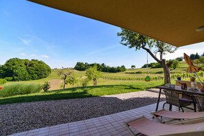 Overlooking the green countryside.