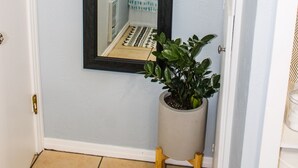 A hallway with a large mirror, a potted plant, and a shower with a patterned curtain. - DEJA BLUE *Mid-Mod House *2Br/1Ba/1Ga* Near I27/I40* (Amarillo)